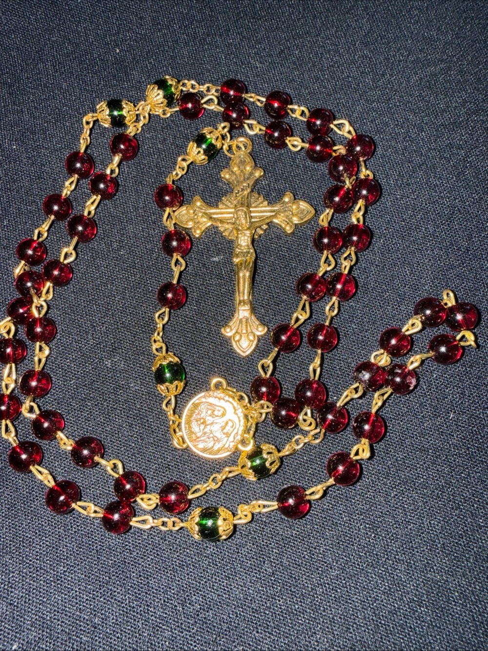 Gold-Tone Burgundy red Rosary Necklace with Crucifix Holy Family Pray For US